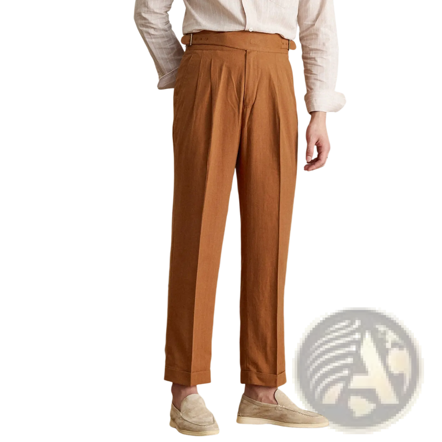 High Waist Cotton Linen Straight Leg Pleated Trousers