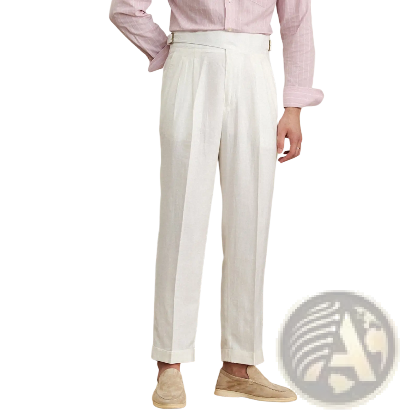High Waist Cotton Linen Straight Leg Pleated Trousers