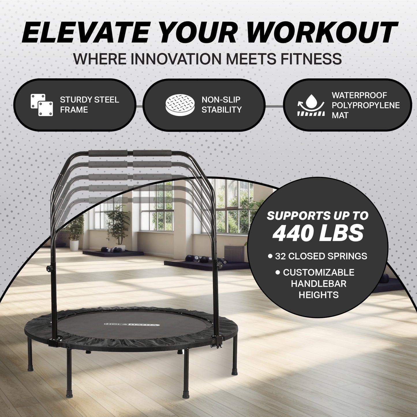 HolaHatha Mini Trampolim Fitness Dobrável de 48 Polegadas com Alça Ajustável, Preto