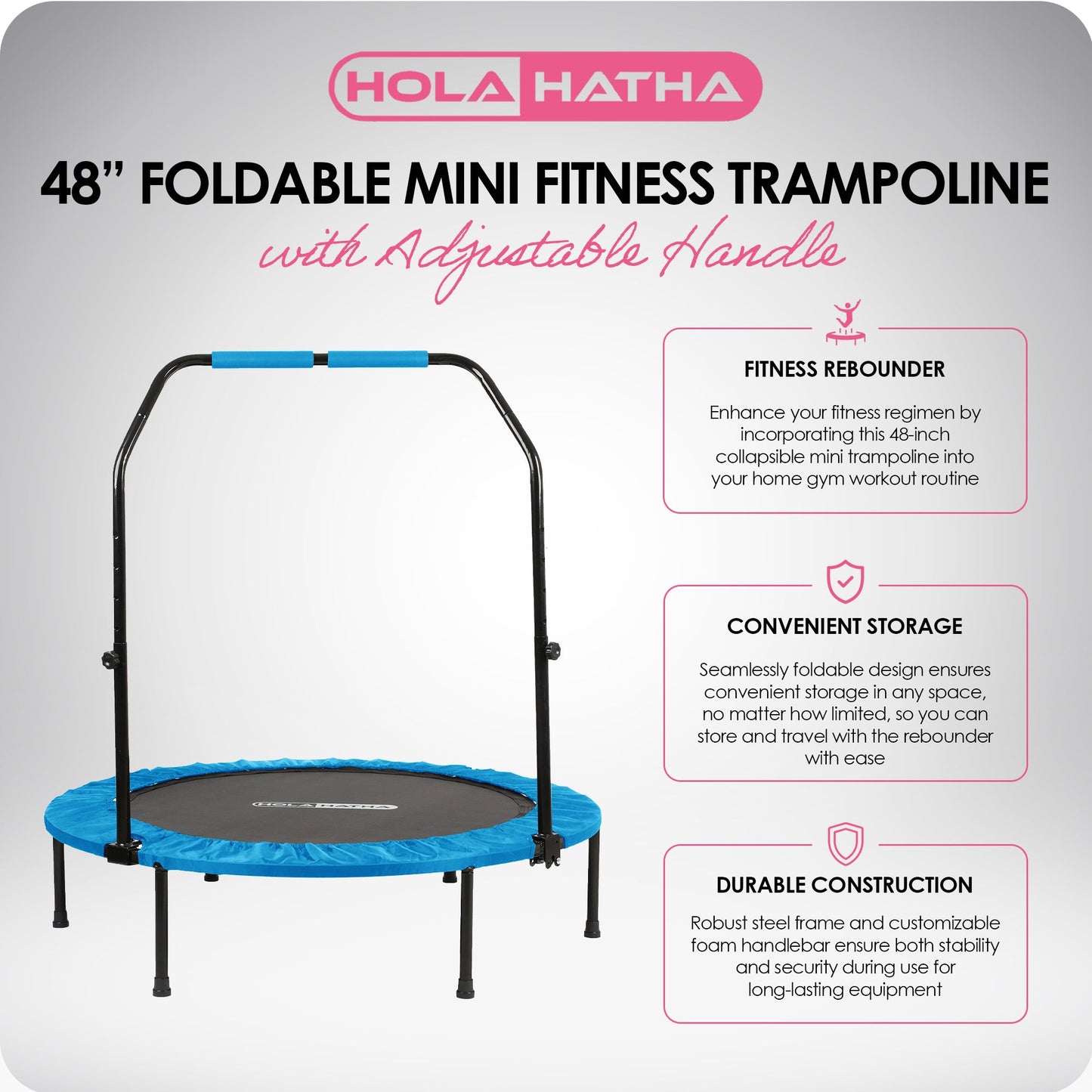HolaHatha Mini Trampolim Fitness Dobrável de 48 Polegadas com Alça Ajustável, Azul