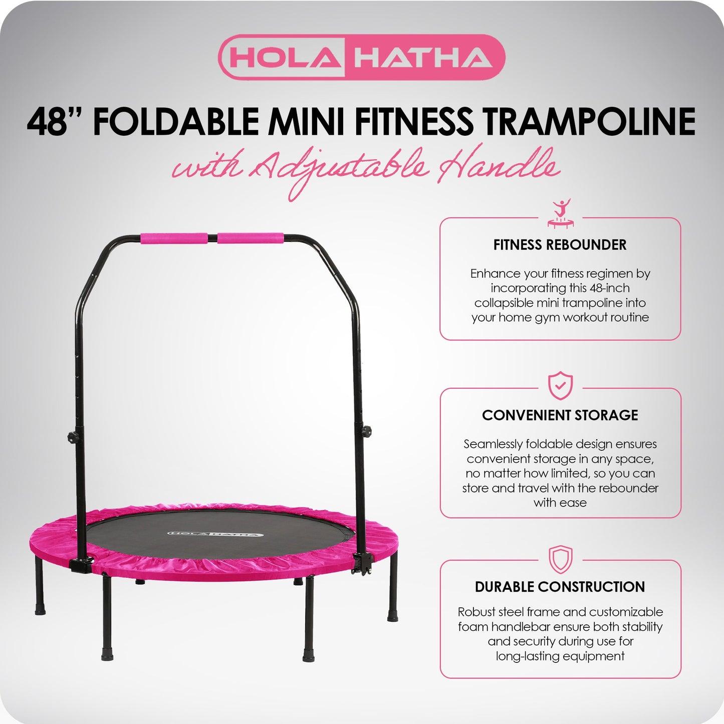 HolaHatha Mini Trampolim Fitness Dobrável de 48 Polegadas com Alça Ajustável, Rosa