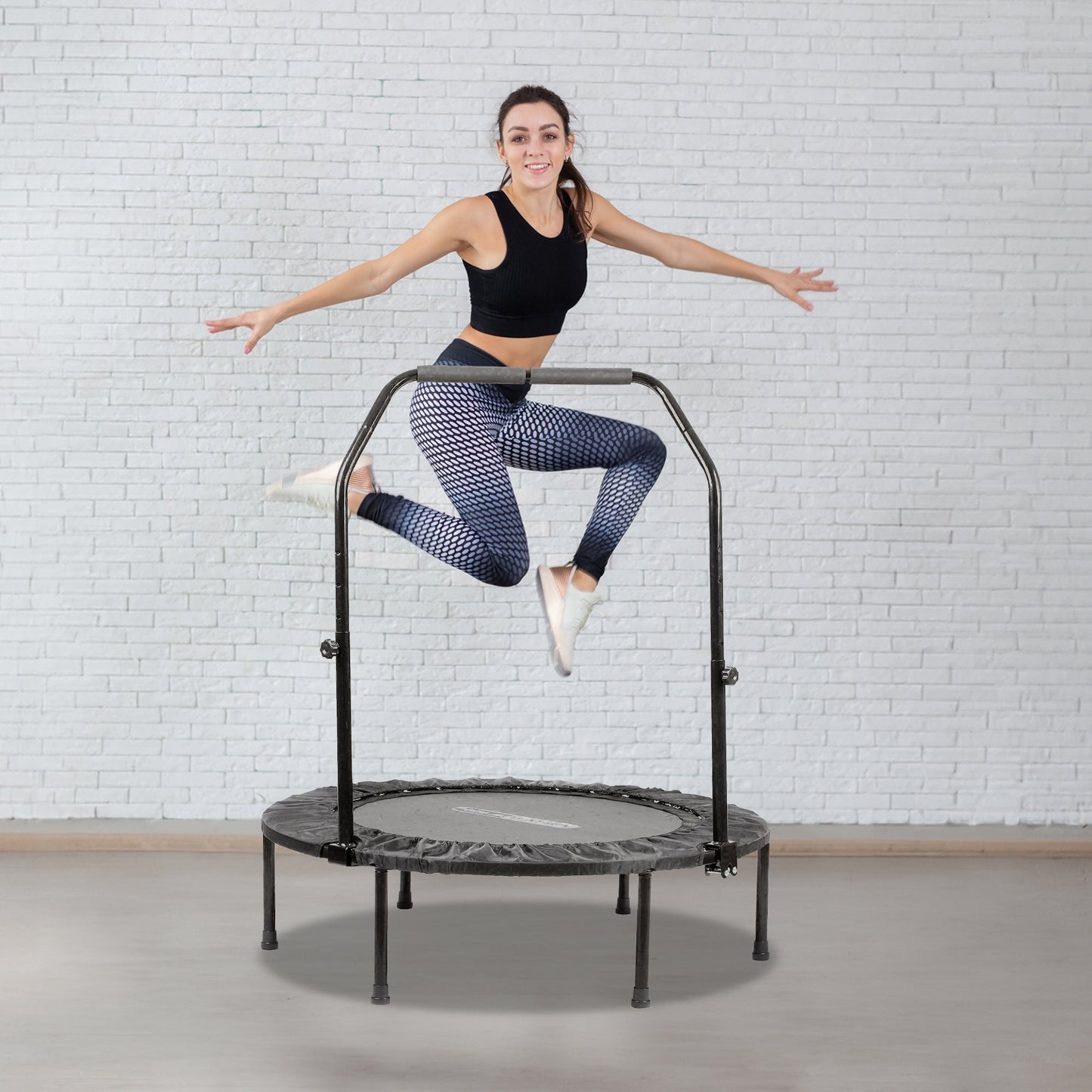 HolaHatha Mini Trampolim Fitness Dobrável de 48 Polegadas com Alça Ajustável, Preto