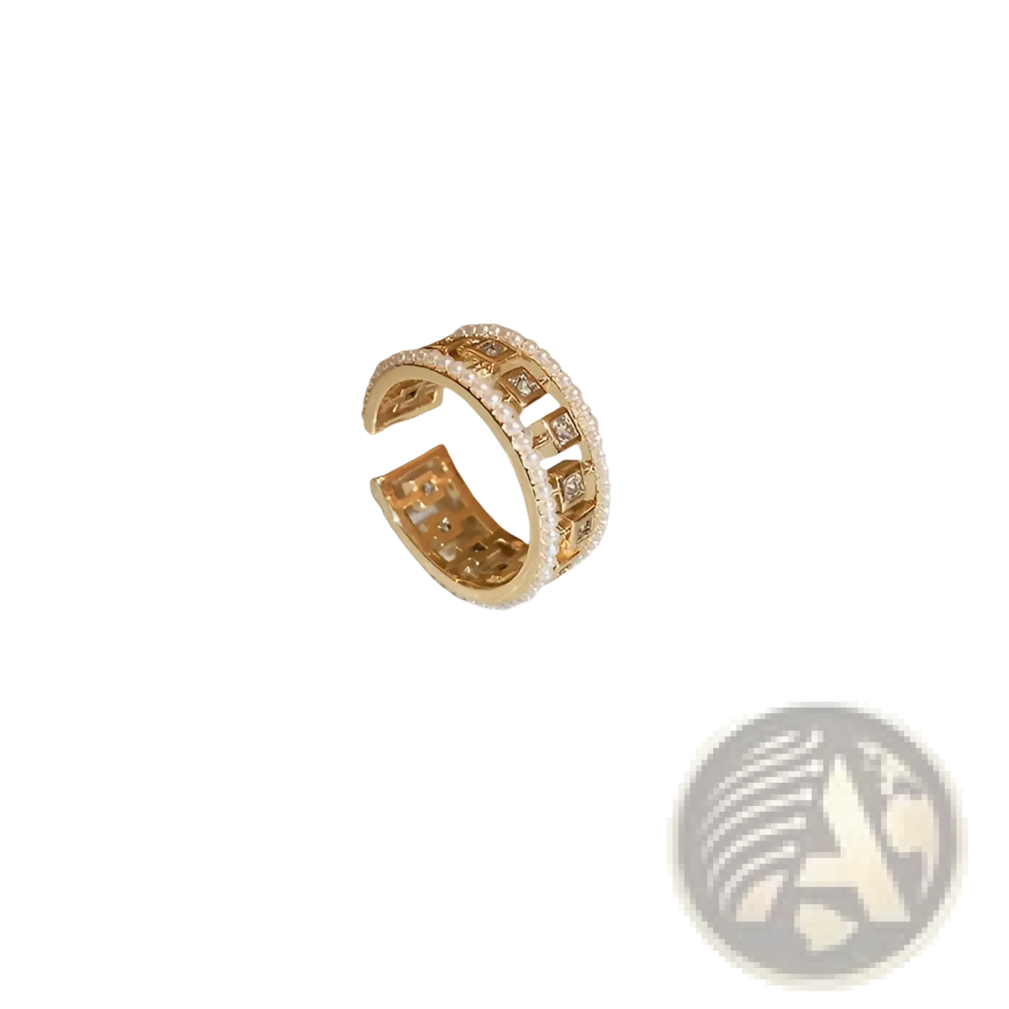 Hollowed Square Pearl and Baguette Zircon Open Ring