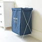 Embroidered Denim Laundry Basket with White Metal Frame