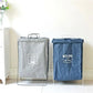 Embroidered Denim Laundry Basket with White Metal Frame