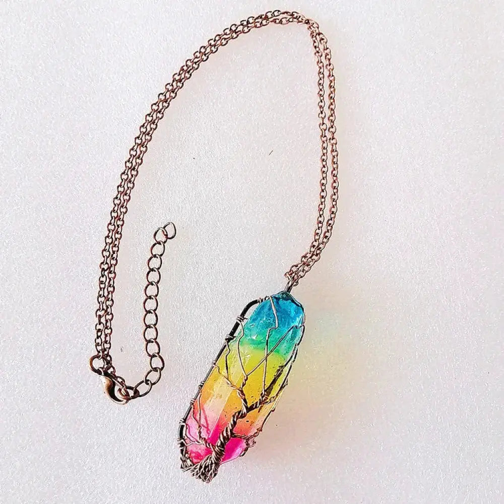 Rainbow Tree of Life Crystal Pillar Pendant Necklace