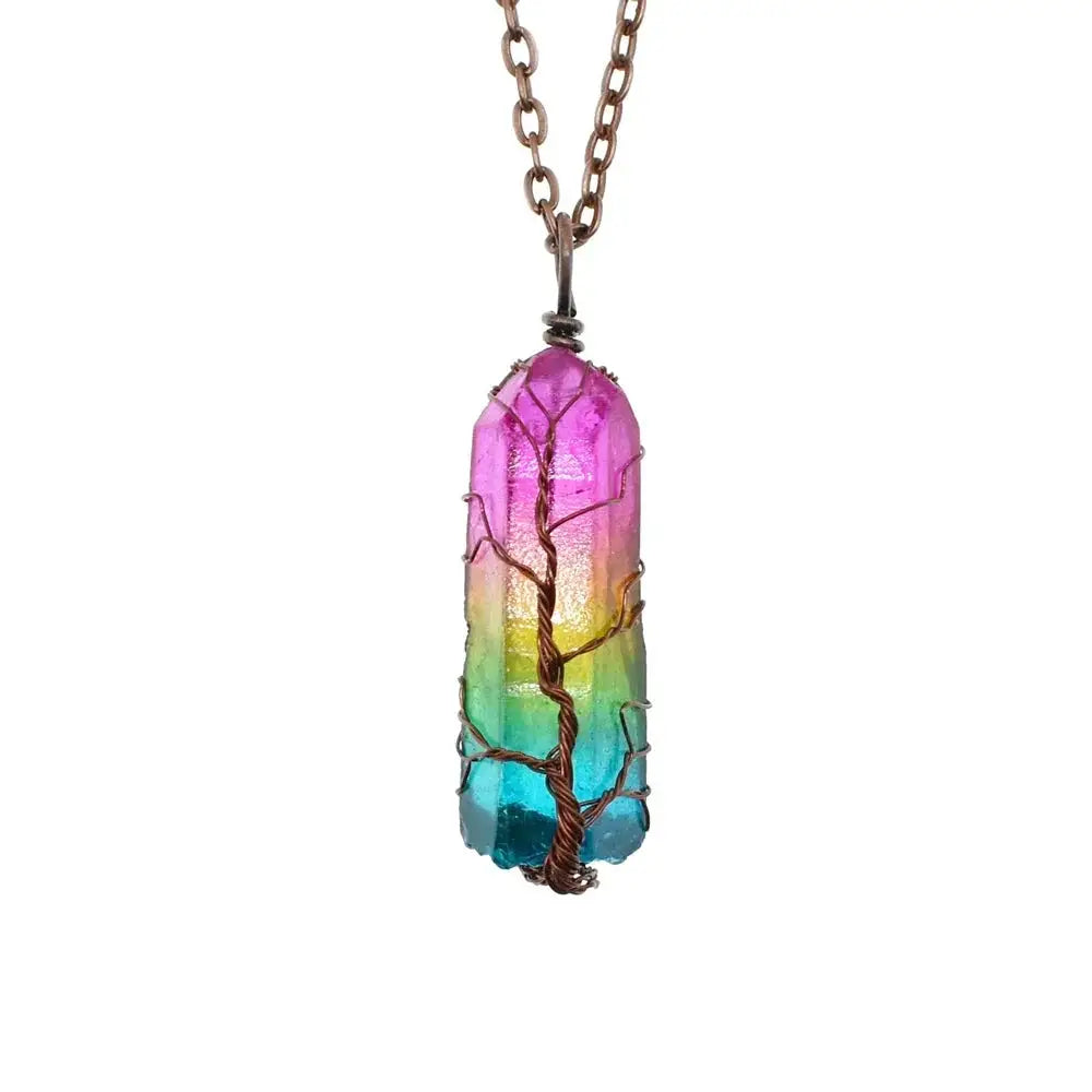 Rainbow Tree of Life Crystal Pillar Pendant Necklace
