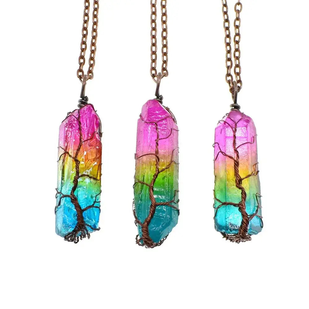 Rainbow Tree of Life Crystal Pillar Pendant Necklace