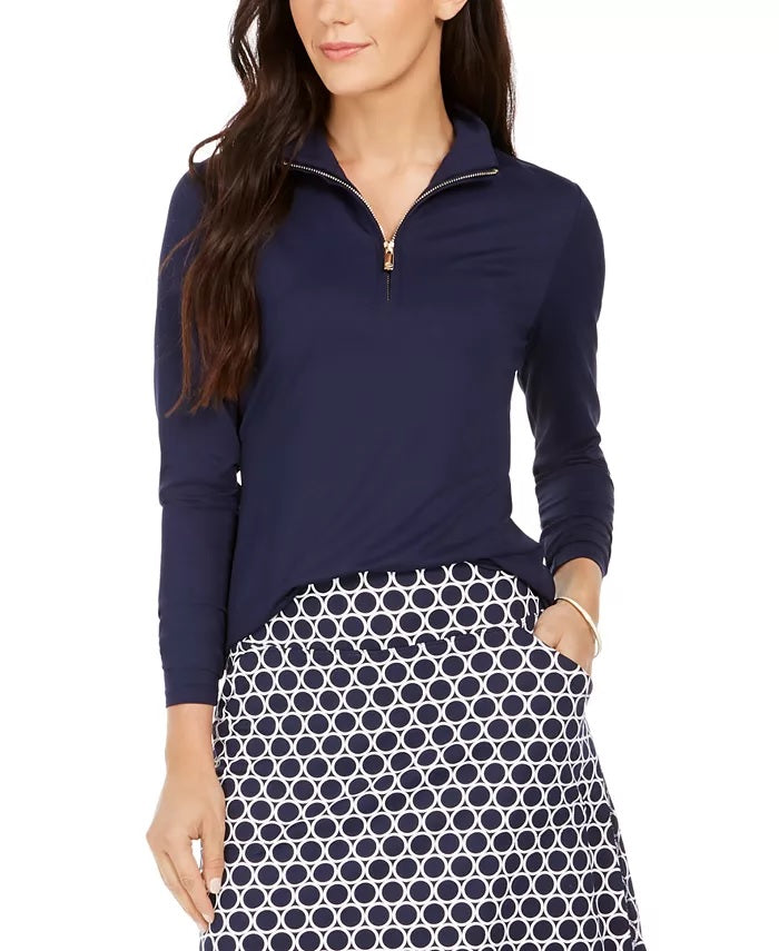 Camiseta feminina Charter Club com zíper e manga curta, azul, tamanho pequeno