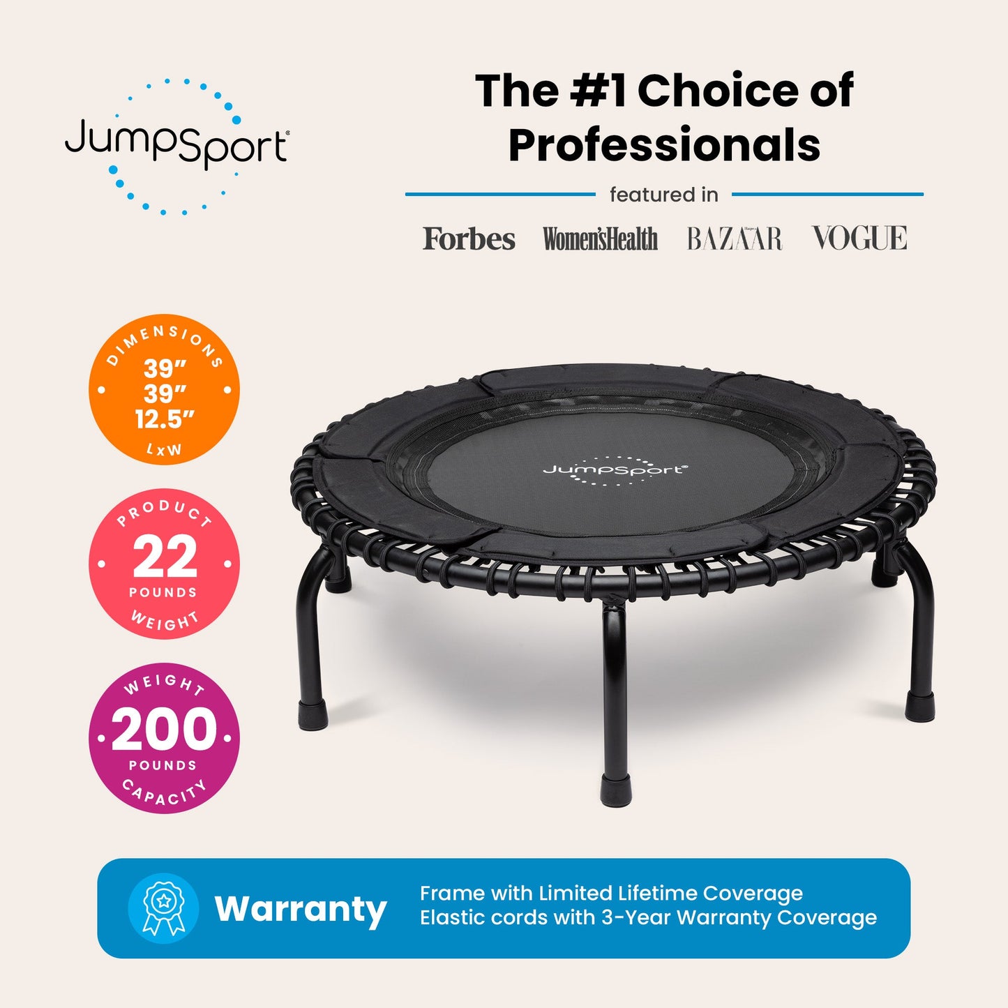 JumpSport 370 Home Gym Trampolim de Fitness Reforçado de 39" com DVD 4 em 1, Preto