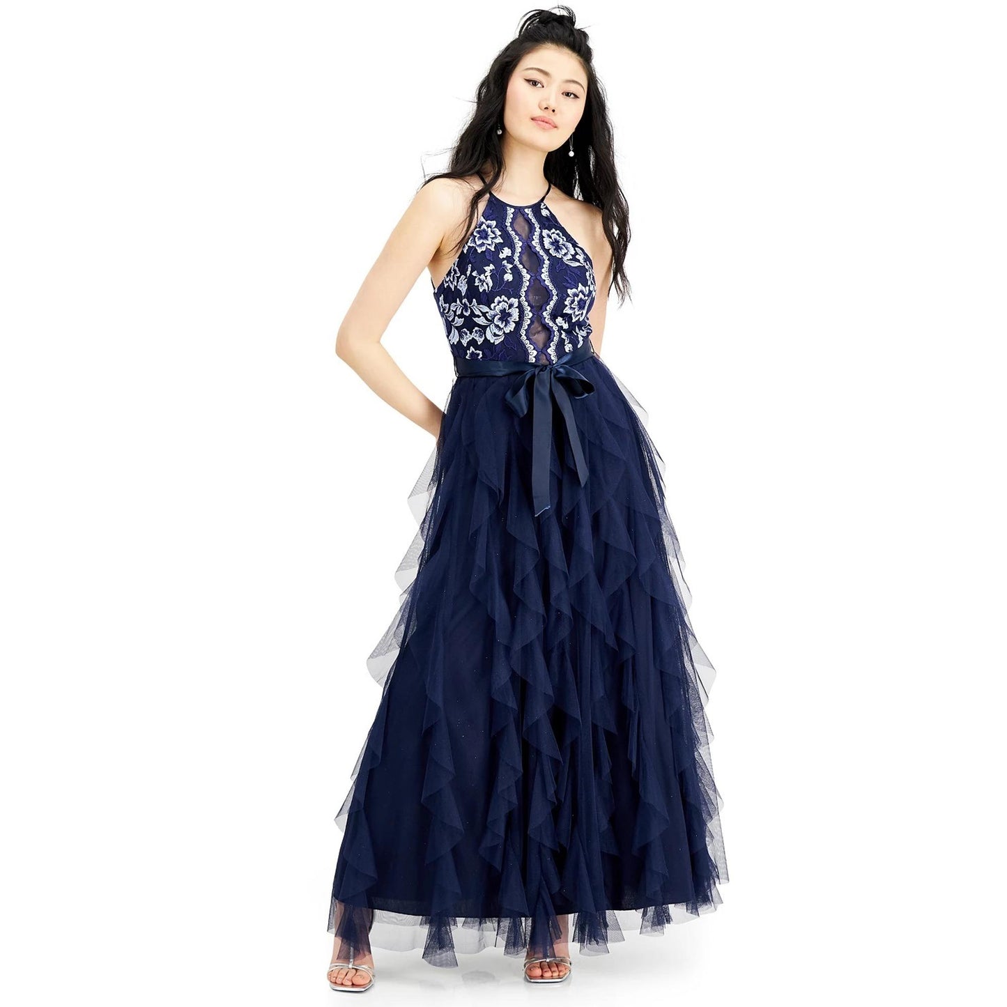 Vestido formal feminino Teeze Me, azul marinho, com babados, texturizado, floral, sem mangas, frente única, comprimento total, em camadas, tamanho 5