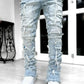 Men's Slim Fit Stacked Ripped Patchwork Streetwear Jeans