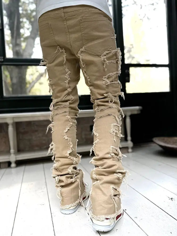 Men's Slim Fit Stacked Ripped Patchwork Streetwear Jeans