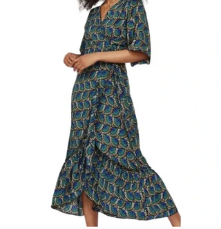 Journey Maxi Wrap Dress African Peacock Print Green Blue