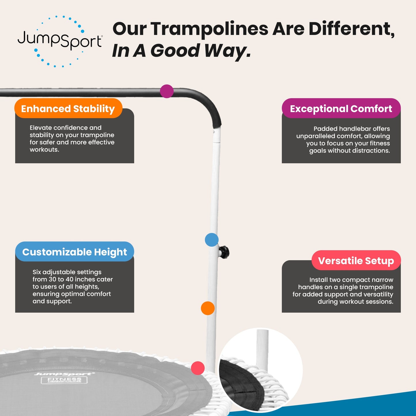 Barra de exercícios JumpSport de 39 polegadas para trampolins de fitness com pernas arqueadas, branca