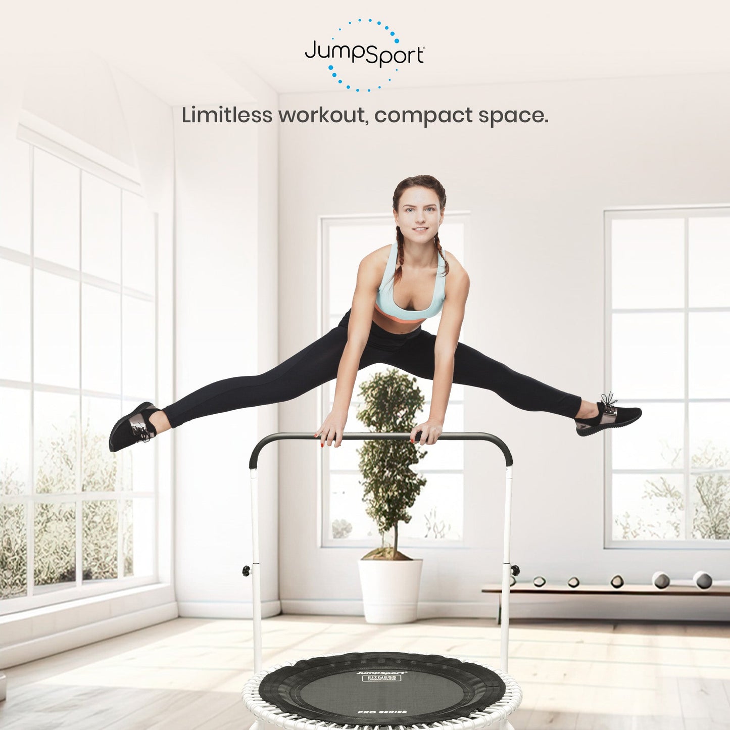 Barra de exercícios JumpSport de 39 polegadas para trampolins de fitness com pernas arqueadas, branca