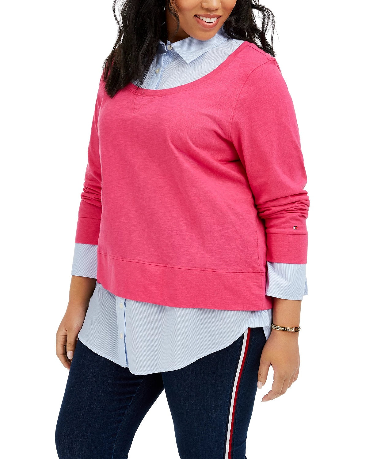 Camisa feminina plus size Tommy Hilfiger com aparência em camadas, rosa brilhante, tamanho 3X