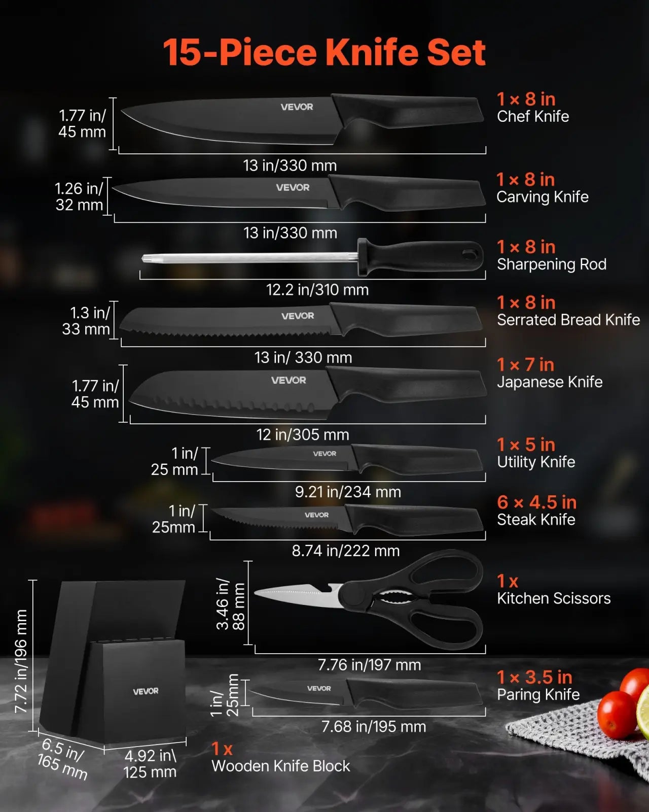 Kitchen Knife Set 15 Piece German Steel with Block
