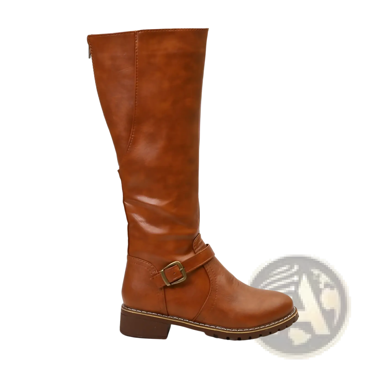 Knee High Knight Boots with Gold Buckle and Low Heel