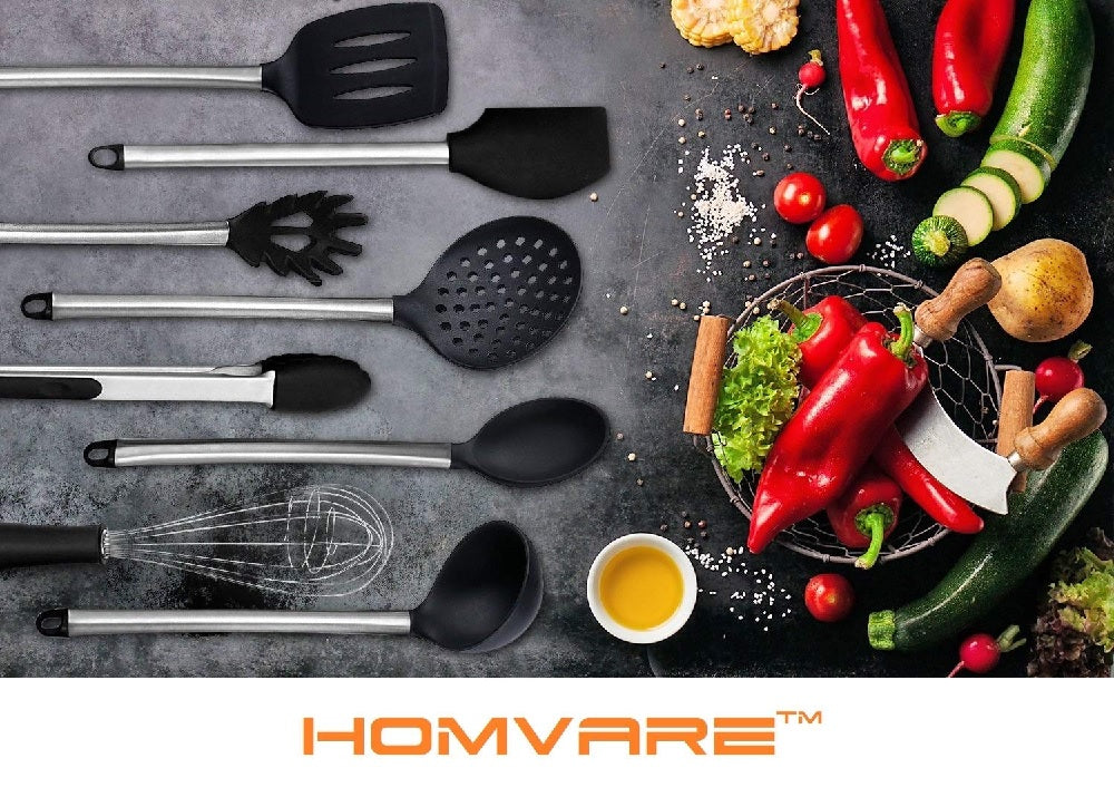 Conjunto de utensílios de cozinha Homvare de 8 peças em aço inoxidável, silicone sem BPA, fácil de segurar, material durável - preto