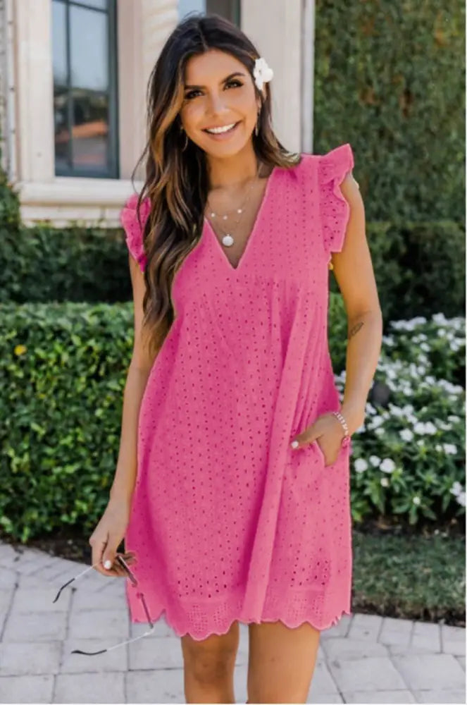 Lace Jacquard v Neck Eyelet Beach Dress with Pockets