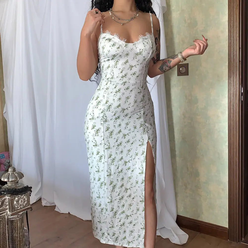 Lace Floral Print Satin Midi Dress with Side Slit