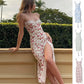 Lace Floral Print Satin Midi Dress with Side Slit