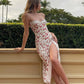 Lace Floral Print Satin Midi Dress with Side Slit