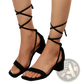 Lace-up Block Heel Sandals Square Toe Strappy Shoes