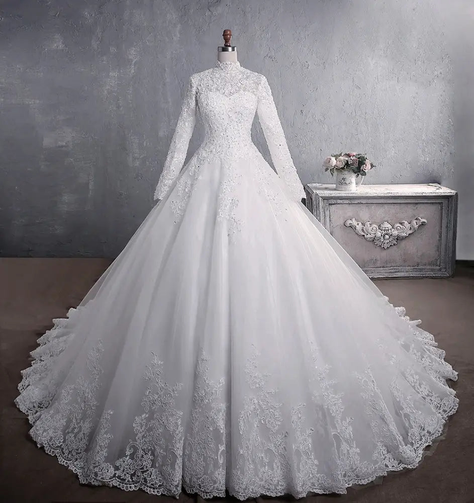 Embroidered Lace Stand Collar Wedding Gown with Train