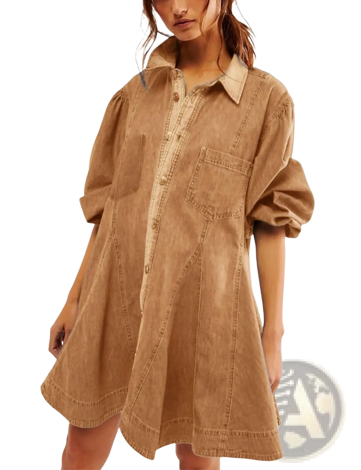 Lantern Sleeve Patch Pocket Denim Shirt Dress