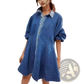 Lantern Sleeve Patch Pocket Denim Shirt Dress