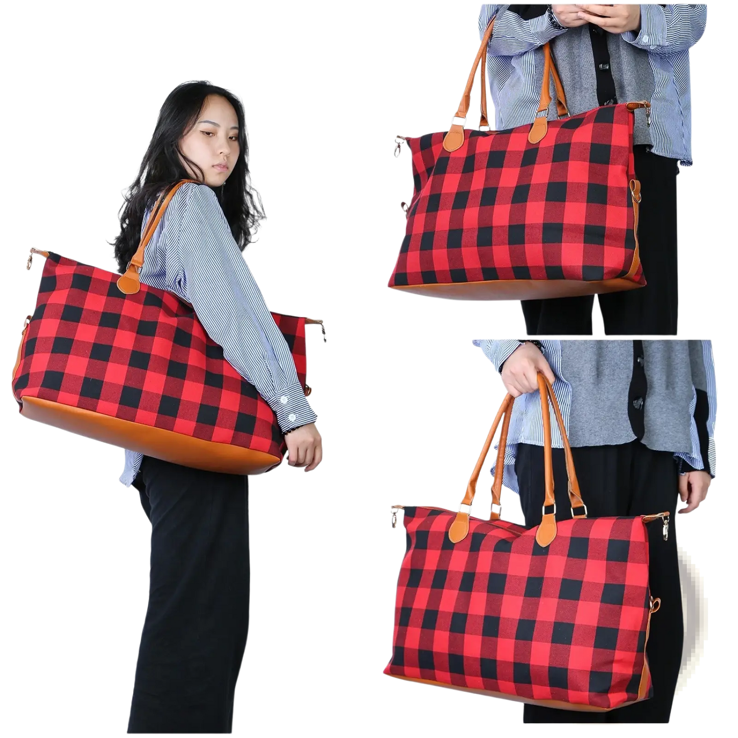 Large Canvas Duffle Bag Plaid Travel Tote Overnight Bag