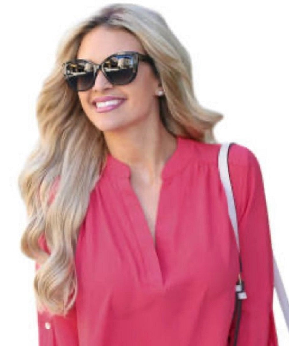 Blusa feminina Frankie &amp; Pop de manga comprida com botões e detalhes leves em chiffon, rosa, tamanho pequeno