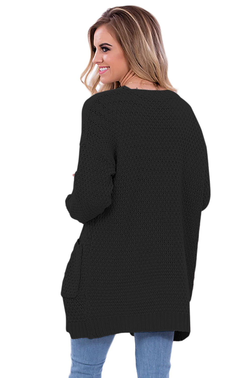 Cardigan feminino Frankie &amp; Pop de manga comprida com bolso frontal leve e aberto, tamanho médio, preto