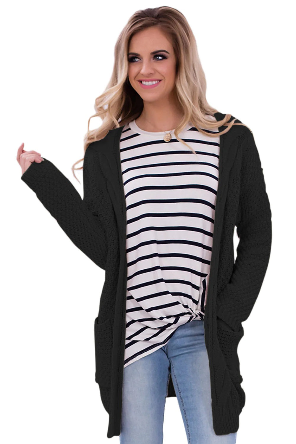 Cardigan feminino Frankie &amp; Pop de manga comprida com bolso frontal leve e aberto, tamanho médio, preto