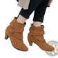 Leather Ankle Boots Gold Buckle Block Heel Pumps