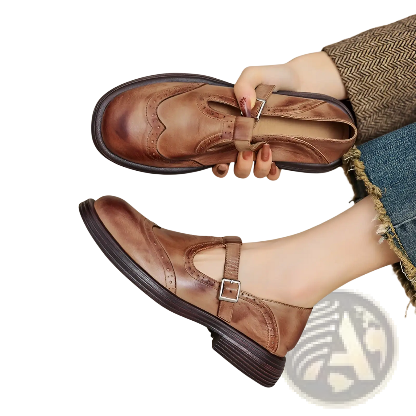 Leather Brogue Mary Jane Shoes for Women Brown Black