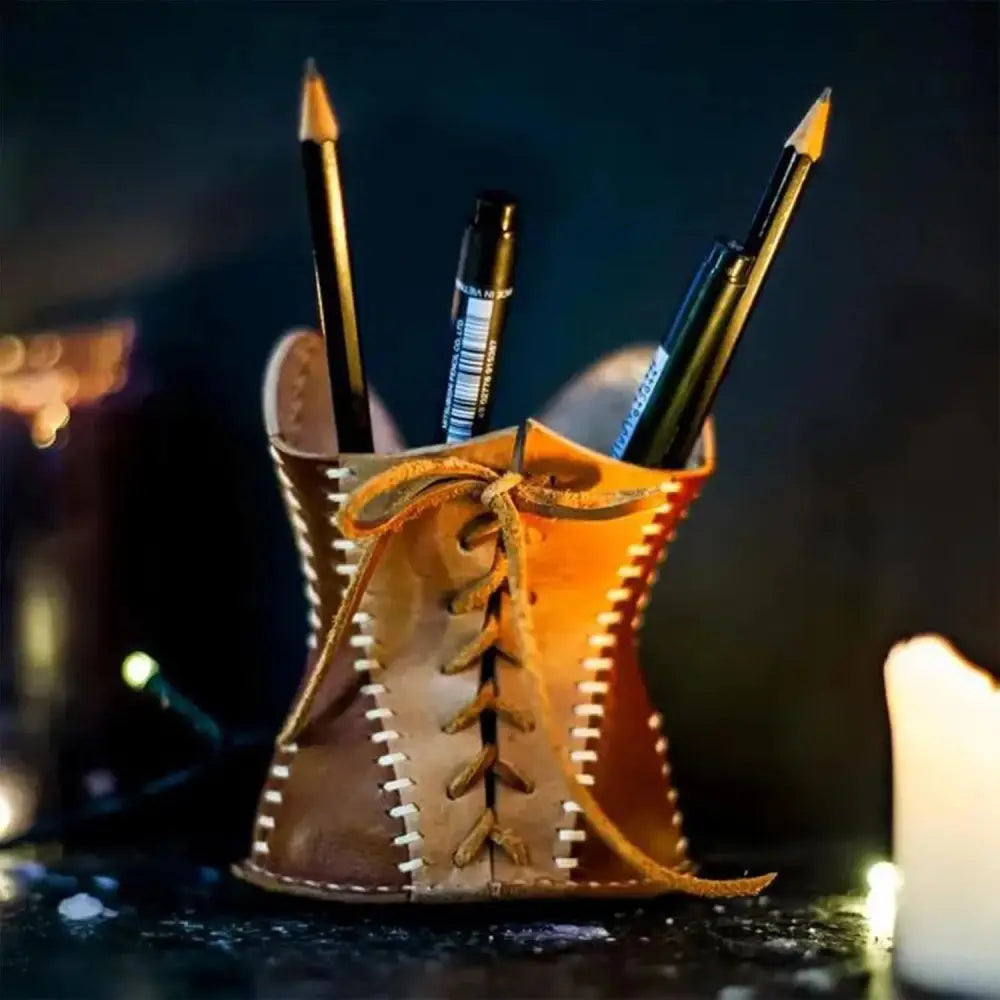 Handcrafted Leather Corset Desk Organizer and Pen Holder