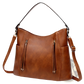 Leather Hobo Bag with Tassel and Front Zipper Pockets