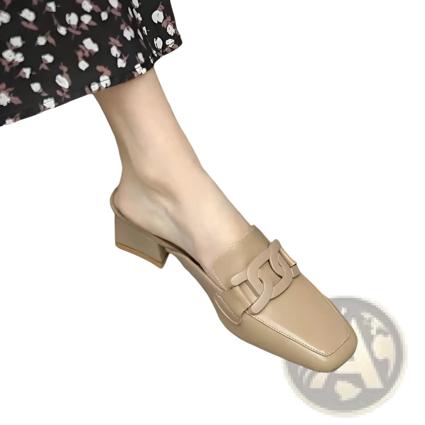 Leather Loafers with Metal Buckle Square Toe Pumps
