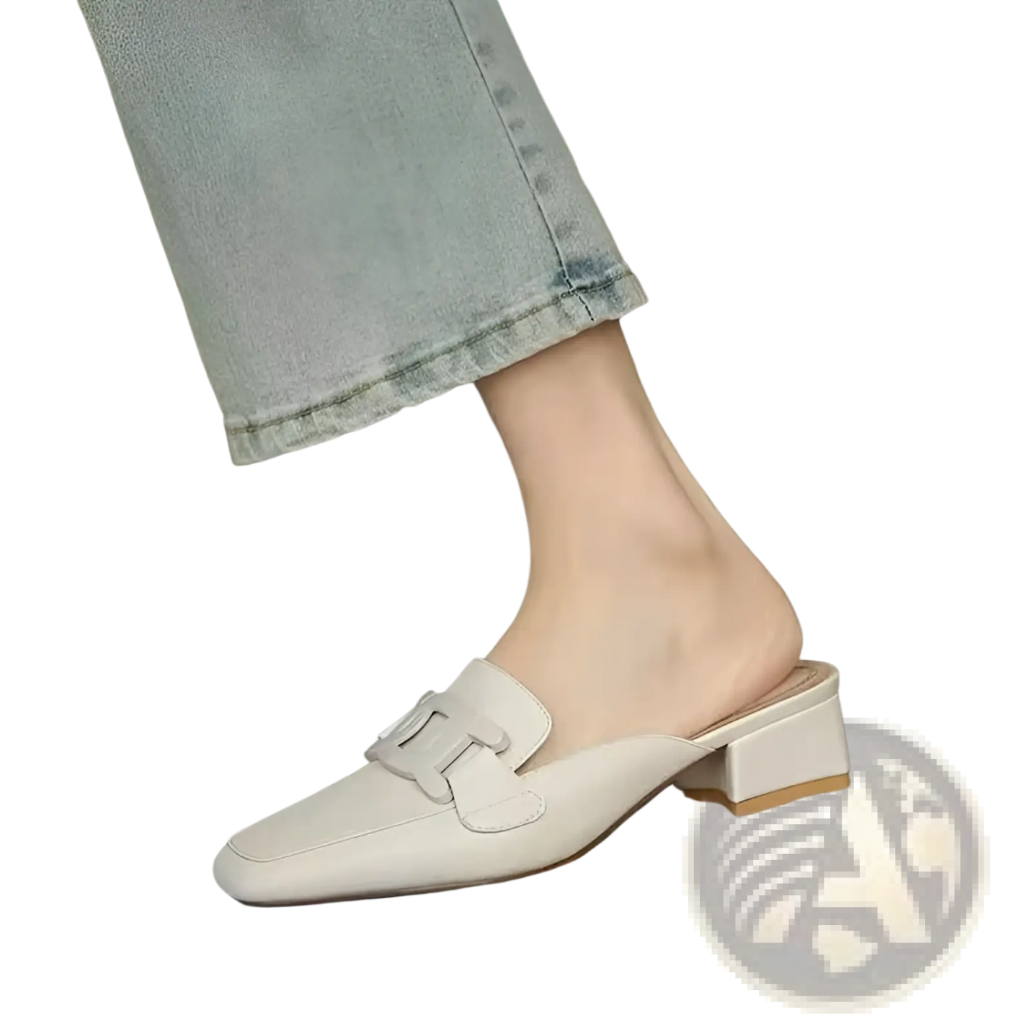 Leather Loafers with Metal Buckle Square Toe Pumps