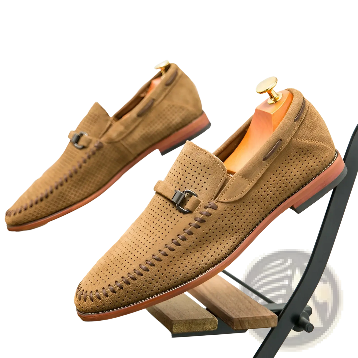 Leather Loafers Perforated Suede Slip on Shoes