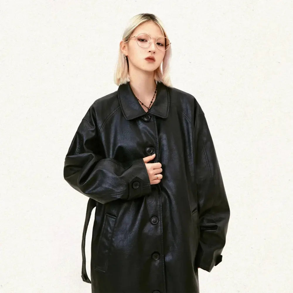 Unisex Faux Leather Mid Length Trench Coat