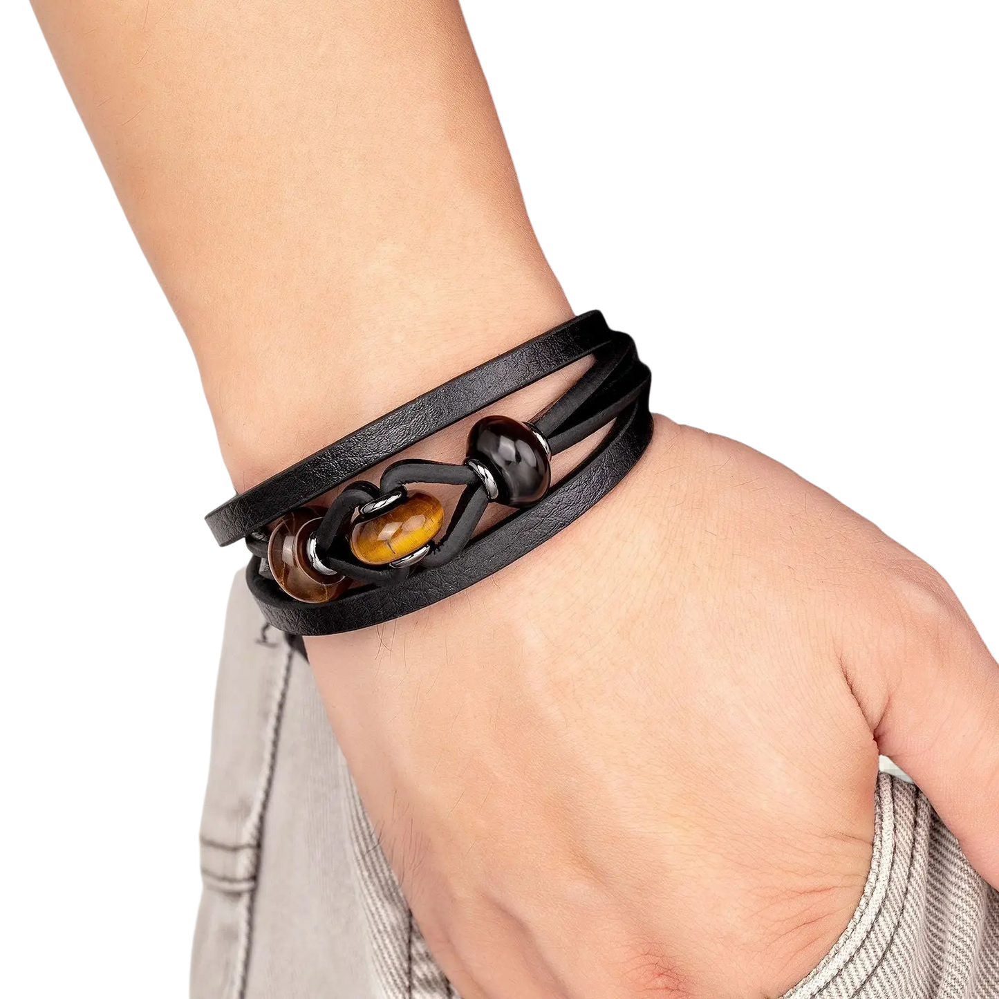 Leather Rope Bracelet with Natural Stone Beads and Magnetic Clasp