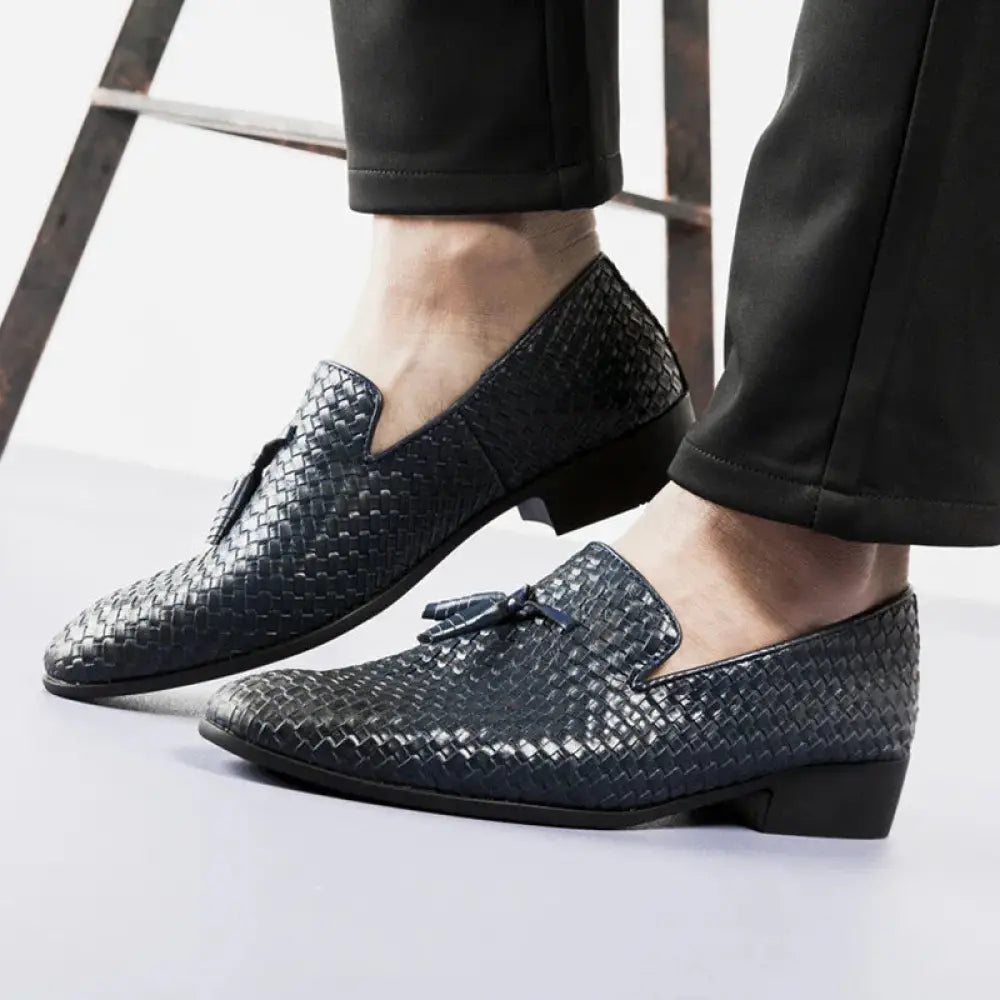 Men's Black Woven Leather Tassel Loafers
