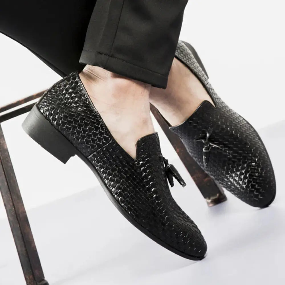 Men's Black Woven Leather Tassel Loafers