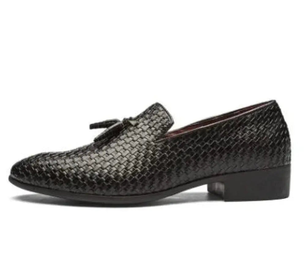 Men's Black Woven Leather Tassel Loafers