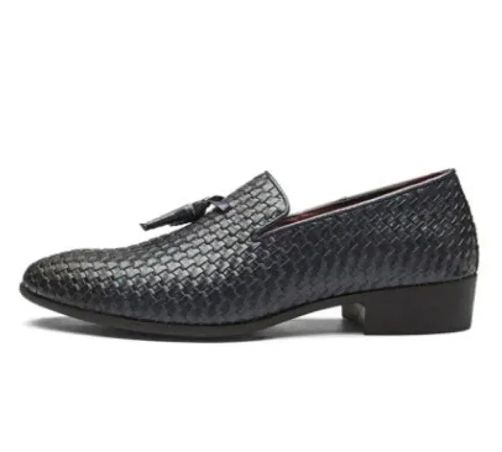 Men's Black Woven Leather Tassel Loafers