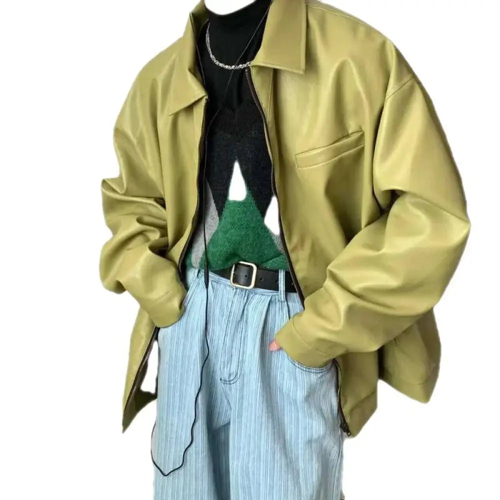 Men's Relaxed Fit Olive Green Faux Leather Jacket